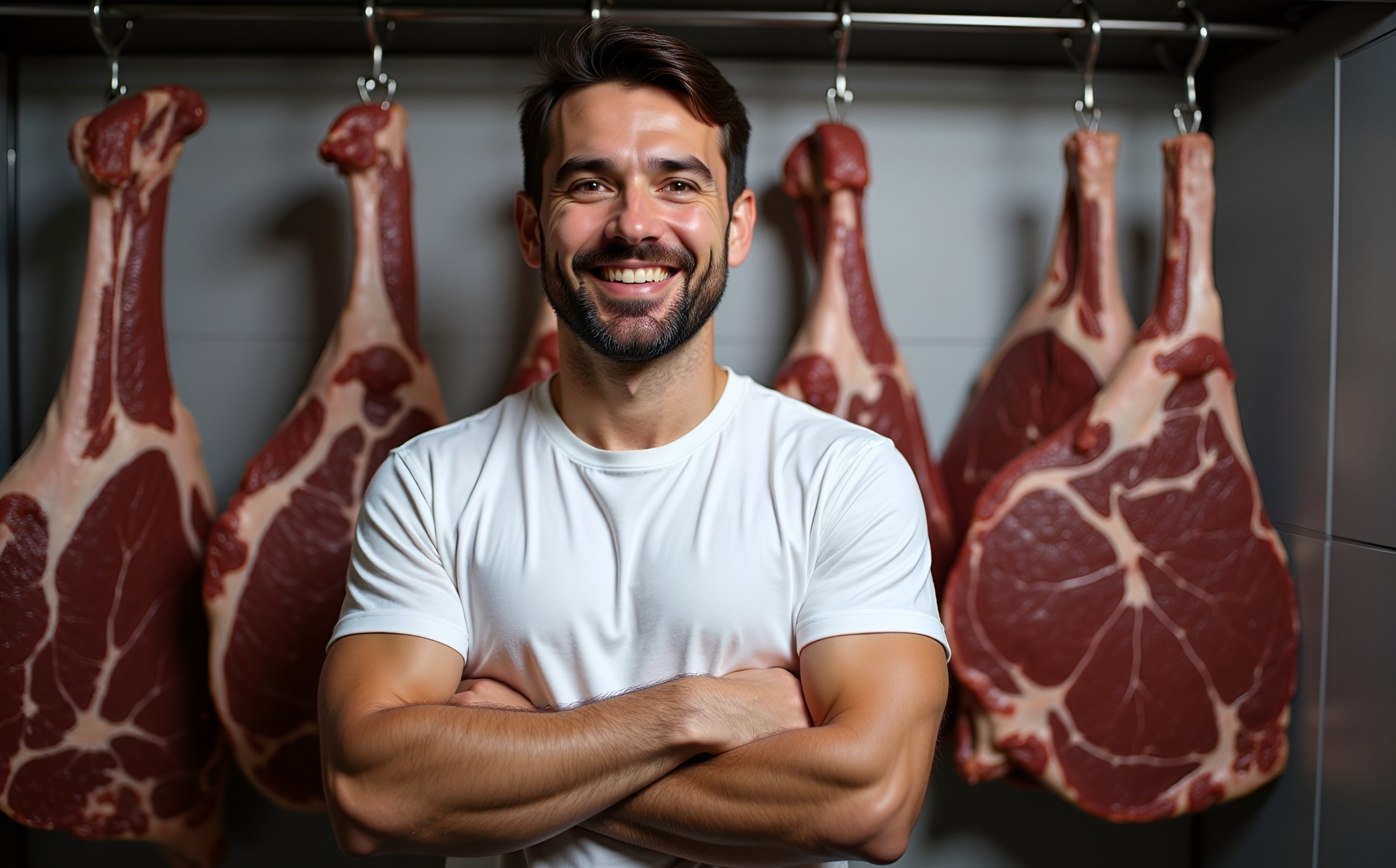 Man standing with arms crossed in front of hanging cuts of meat