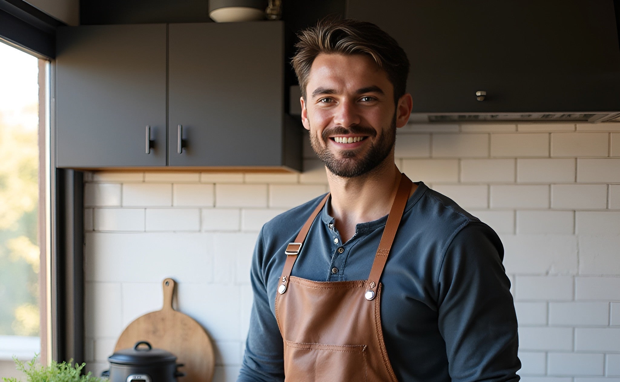 Man in a kitchen wearing a brown apron with raw meat on the counter.